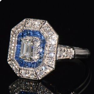 GIA NATURAL 2.51CT VVS2 F DIAMOND SAPPHIRE 18K WHITE GOLD ART DECO STYLE RING